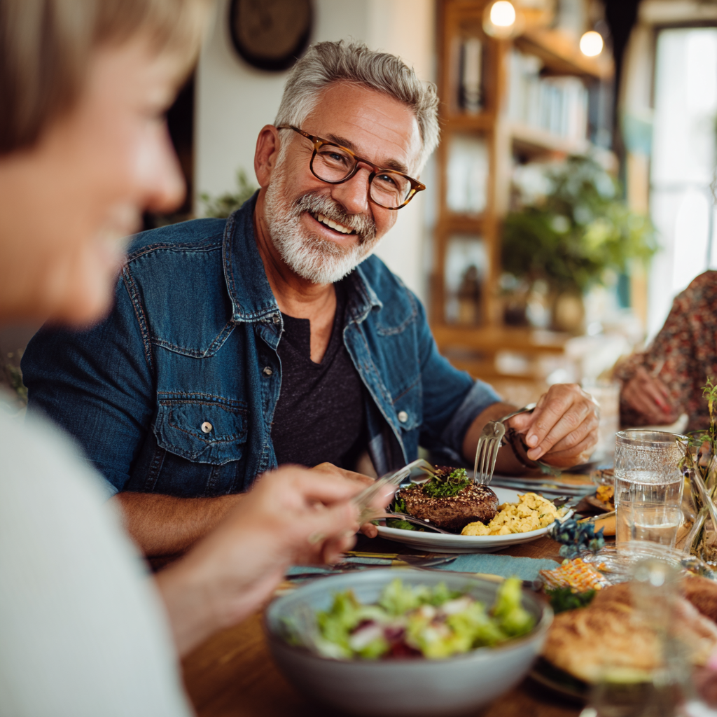 Mature adults enjoying nutritious meal together in bright dining room